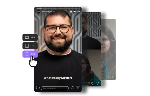 Mobile interface showing a smiling man with glasses and beard, with text 'What Really Matters' and a hand cursor selecting the 9:16 aspect ratio option.