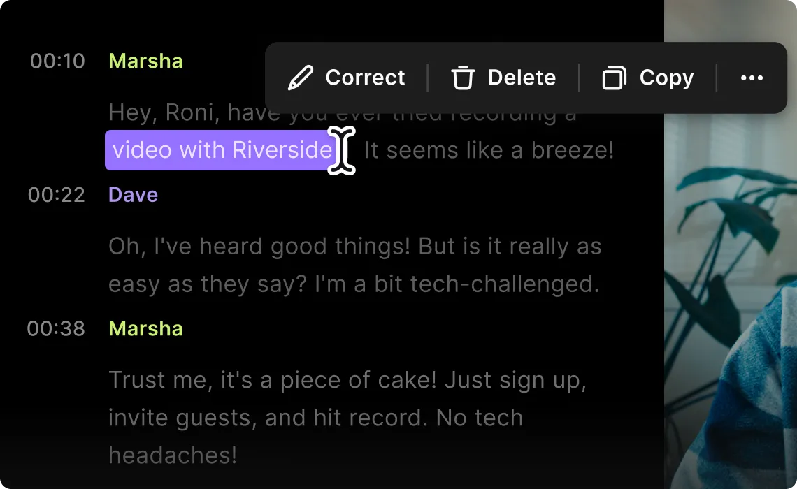 Screenshot of a chat conversation where Marsha recommends recording a video with Riverside, highlighting its ease of use for tech-challenged users.