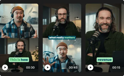 Screenshot showing three different podcast videos: a man in a checked shirt and beanie speaking, a man with glasses and headphones at a microphone, and a smiling man with a beard and microphone. Each video has a play button, duration, and text overlays reading 'This is how,' 'what really matters,' and 'revenue.'