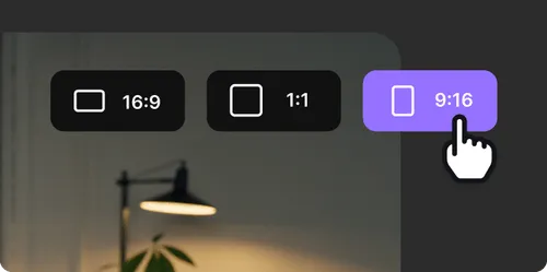 Screen showing three aspect ratio options: 16:9, 1:1, and 9:16, with a hand cursor selecting the 9:16 option highlighted in purple.
