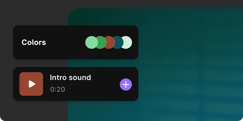 Interface showing a Colors palette with five color circles and an Intro sound audio player labeled 0:20 with play and add buttons.
