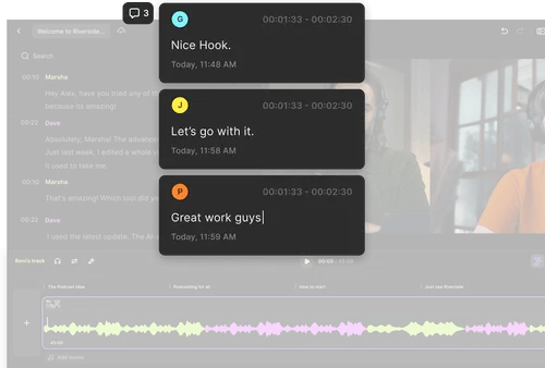 Podcast editing interface showing waveform tracks, chat comments praising work, and video thumbnails of two people wearing headphones.