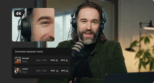Man with long hair and beard wearing headphones and speaking into a microphone, overlay shows downloadable separate audio and video tracks for two people named Kendall and James.