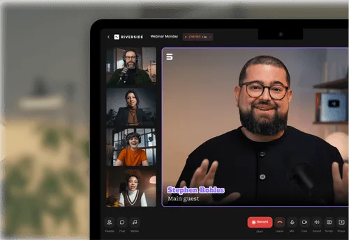 Video webinar interface showing Stephen Robles as the main guest, with four other participants in smaller windows on the left.