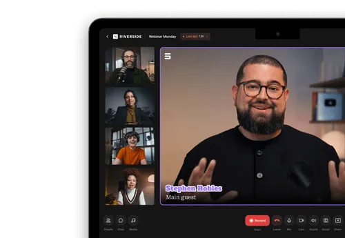 Video webinar on Riverside with four participants on the left and main guest Stephen Robles speaking on the right.