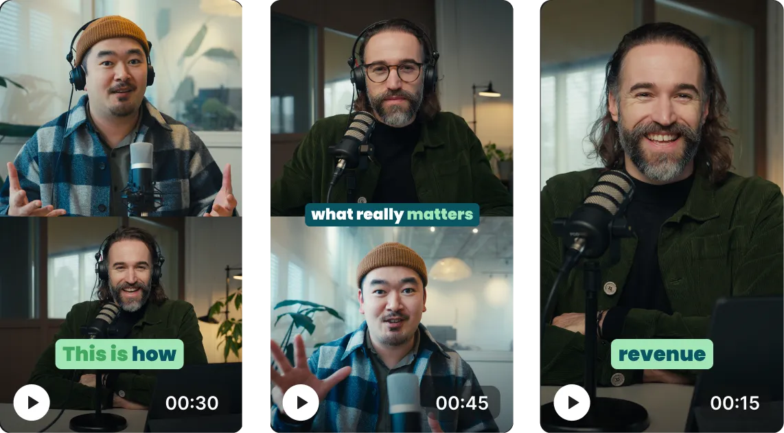 Collage of three men speaking into microphones with headphones in casual indoor settings, overlaid with phrases: 'This is how,' 'what really matters,' and 'revenue.'