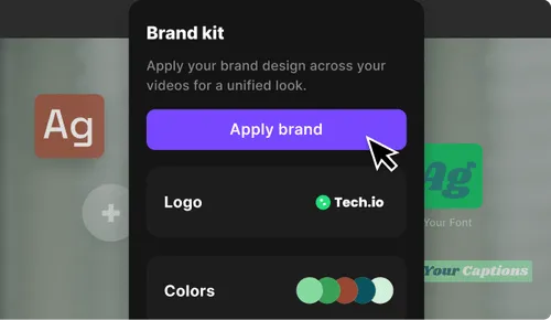 User interface panel titled 'Brand kit' with an 'Apply brand' button, displaying a Tech.io logo and a row of color swatches.