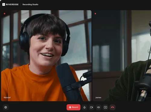 Video call interface of a recording studio app showing a woman named Kendall speaking into a microphone wearing headphones; part of another person named James is visible.