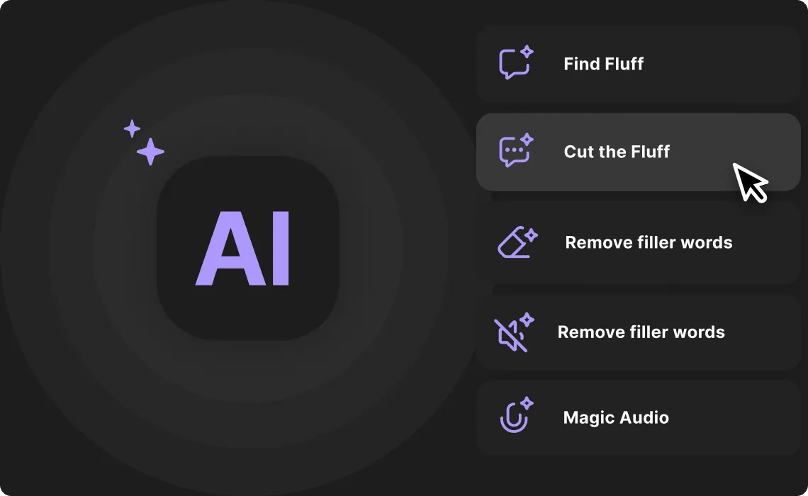 User interface showing AI features menu with options including Find Fluff, Cut the Fluff highlighted, Remove filler words twice, and Magic Audio on a dark background.