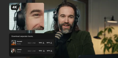 Man with long hair and beard wearing headphones and speaking into a microphone with a 4K video preview and download options for separate audio tracks.