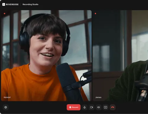 Video call screen showing a woman named Kendall wearing headphones and speaking into a microphone during a Riverside recording studio session.