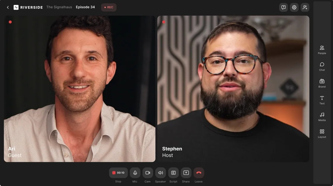 Video call interface with guest Ari on left wearing a light shirt and host Stephen on right wearing glasses and a black shirt, recording in progress.