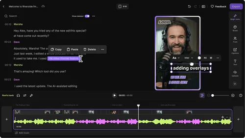 Podcast editing interface showing transcript with highlighted text, audio waveform timeline with segments in green and purple, and video overlay edits featuring a man wearing headphones speaking into a microphone.
