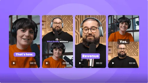 Four video thumbnails on purple background featuring two individuals wearing headphones and speaking into microphones with titles: "That's how.", "What Really Matters", "Revenue", and "Yes."
