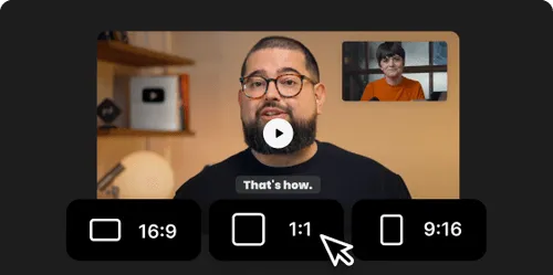 Video player showing a man speaking with a smaller inset of a woman, with three aspect ratio options 16:9, 1:1, and 9:16 displayed below.