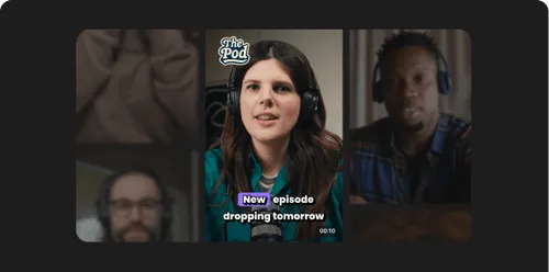 Podcast thumbnail showing three people wearing headphones, with text announcing a new episode dropping tomorrow.