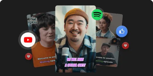 Three podcast cards featuring hosts with social media icons YouTube, Spotify, thumbs up, and heart over a black background.