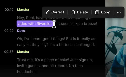 Chat transcript showing Marsha recommending recording a video with Riverside and Dave expressing concern about tech challenges.