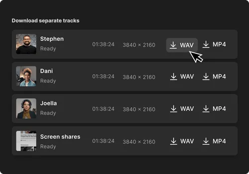 Interface showing download options for separate tracks labeled Stephen, Dani, Joella, and Screen shares, each with duration 01:38:24 and resolution 3840 by 2160, with selectable WAV and MP4 download buttons.