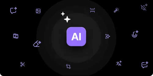 Purple AI icon in the center surrounded by various editing and effect icons on a black background.