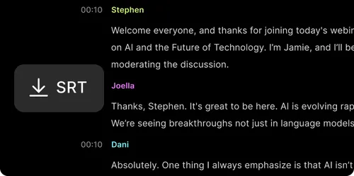 Partial transcript of a webinar discussion on AI and the future of technology, featuring speakers Stephen, Joella, and Dani.