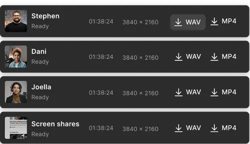 List of four participants named Stephen, Dani, Joella, and Screen shares, each showing a timestamp 01:38:24, resolution 3840x2160, status Ready, and buttons to download WAV or MP4 files.