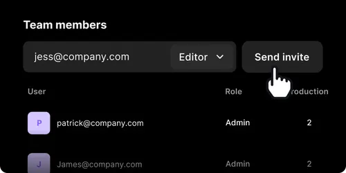 User interface showing team members with emails, roles as Admin, production counts, and an input field with role dropdown to invite a new user.