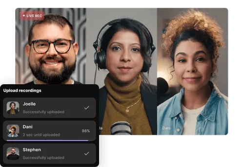 Three people in a video call with an overlay showing upload status: Joelle and Stephen successfully uploaded, Dani uploading at 98%.