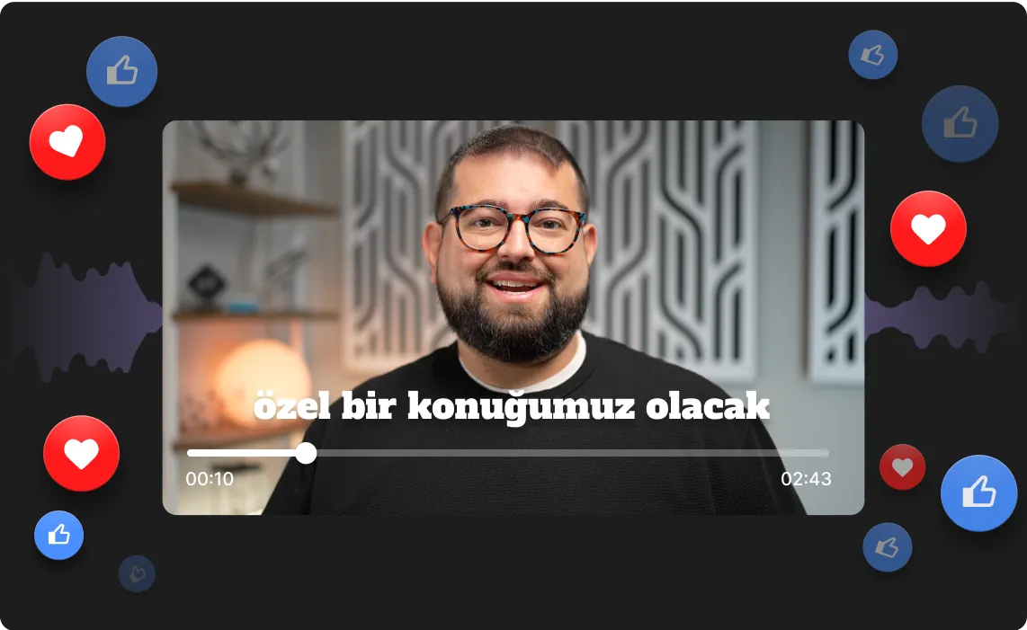 Smiling bearded man wearing glasses in a video player with Turkish text and social media reaction icons floating around.