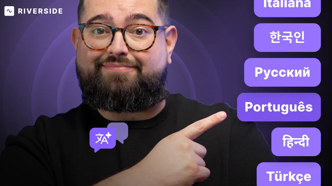 Bearded man with glasses pointing right, surrounded by language labels including Italian, Korean, Russian, Portuguese, Hindi, and Turkish, with Riverside logo in top left.