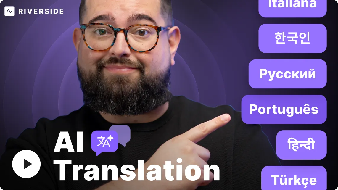 Bearded man wearing glasses points right with a purple background with language names and AI Translation text.