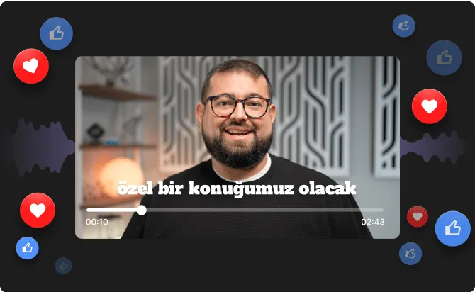 Bearded man with glasses smiling in a video player interface with Turkish text and floating social media reaction icons.