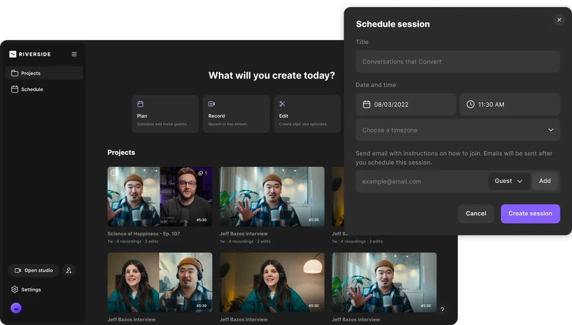 Riverside app interface with project thumbnails and a 'Schedule session' popup.