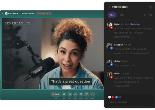 Video call of a woman speaking into a microphone with live chat sidebar.