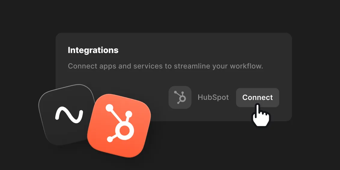 Integration panel showing HubSpot app with a hand cursor clicking the Connect button.
