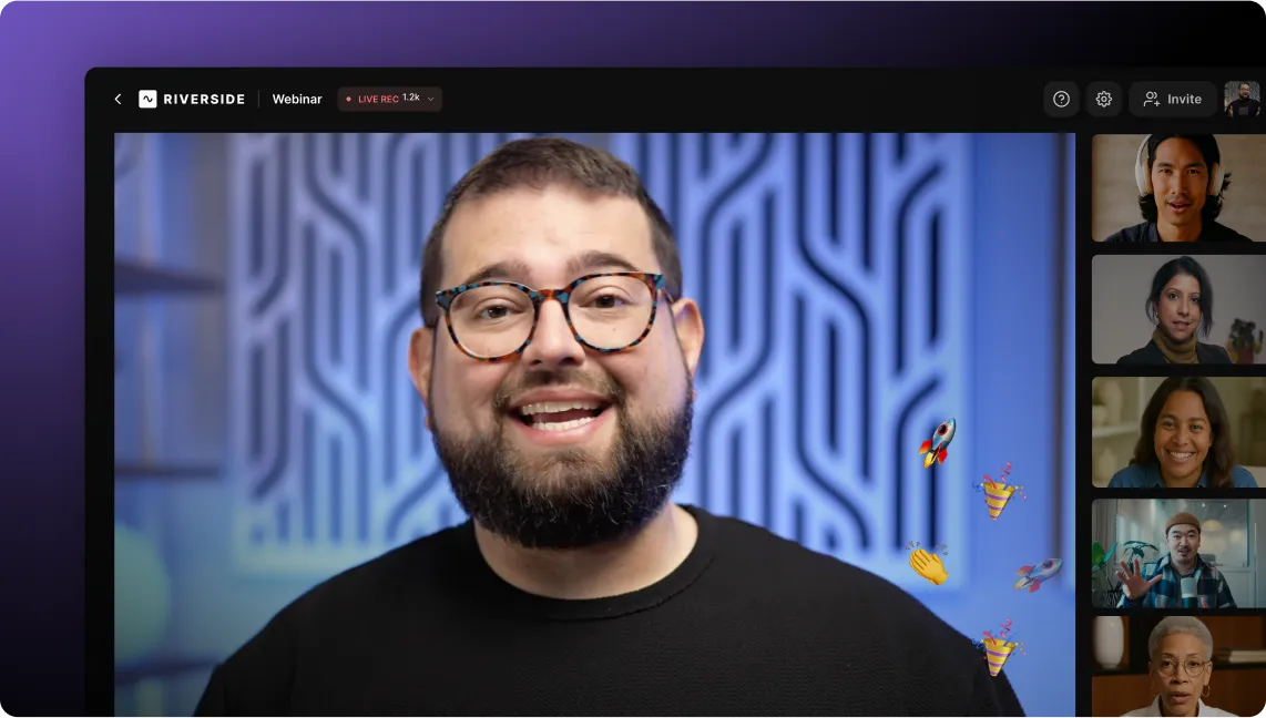 Video interface showing a man speaking with five participants in smaller frames on the right side.