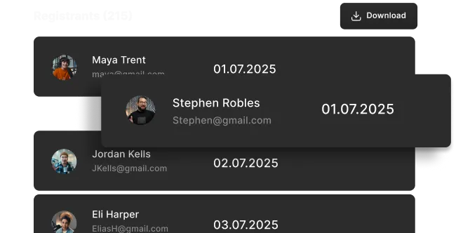 A dark-themed user interface showing a list of four contacts with profile photos, names, emails, and dates beside each entry, and a download icon on top right.