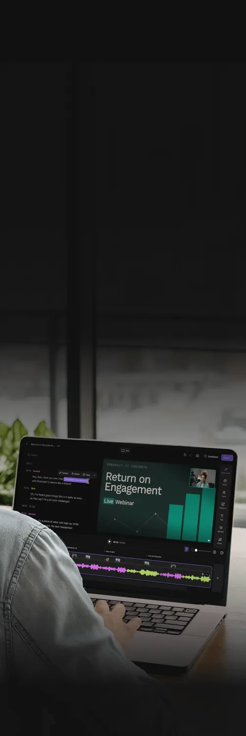 Person using a laptop editing a webinar video with chat transcript on screen.