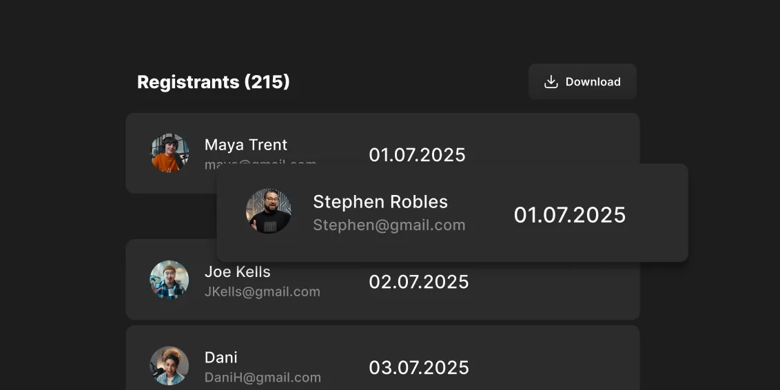 List of registrants showing names, email addresses, and registration dates.