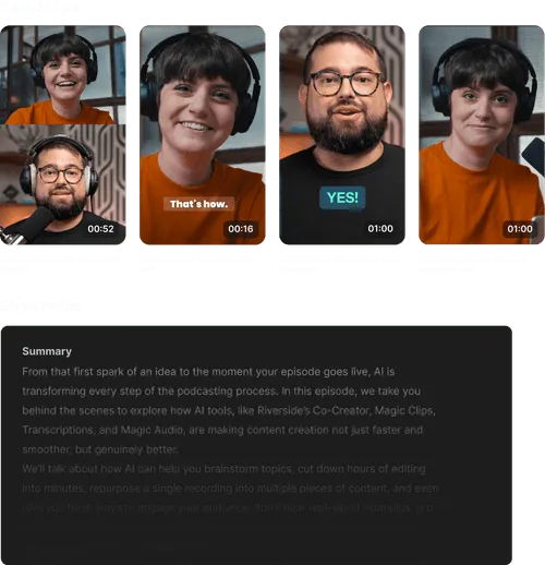 Four video thumbnail clips showing two hosts discussing podcasting topics with captions: improving audio quality, cutting editing time, creating promotional assets, and podcasting accessibility.