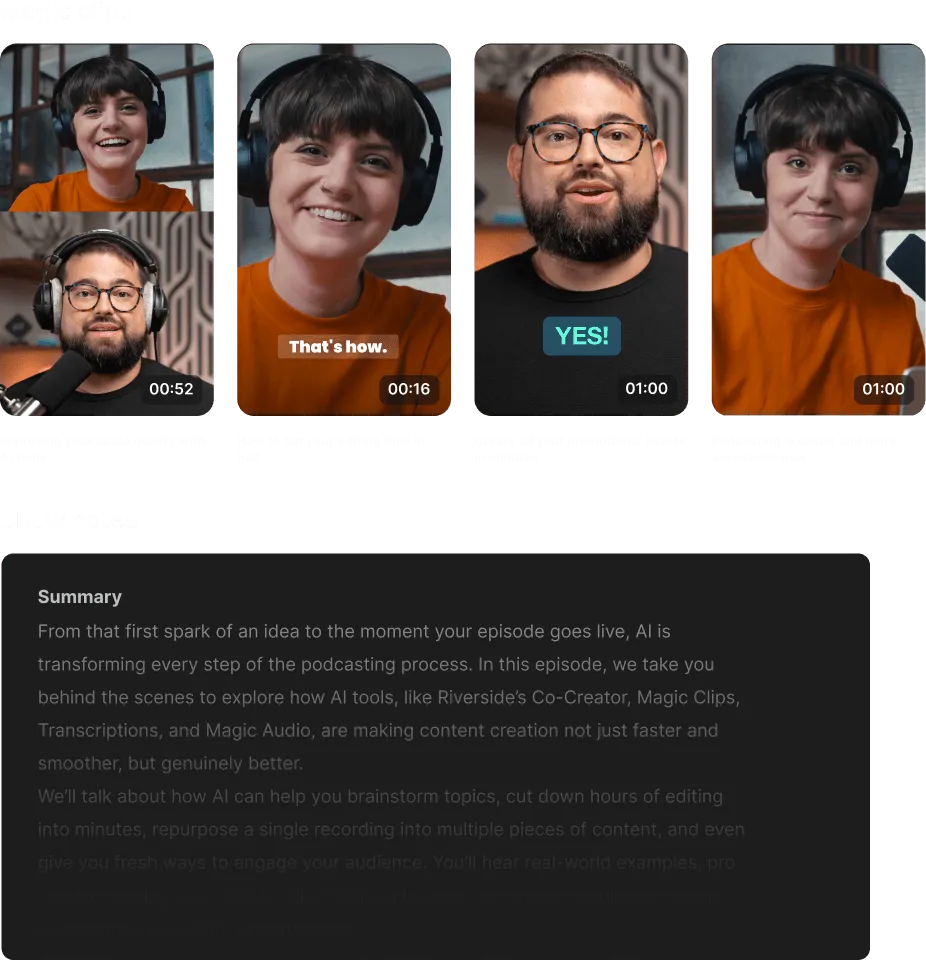 Four video thumbnail clips showing two hosts discussing podcasting topics with captions: improving audio quality, cutting editing time, creating promotional assets, and podcasting accessibility.