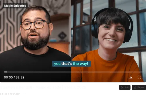 Video call screenshot showing a bearded man with glasses and a smiling woman wearing headphones, with text saying 'yes that’s the way!'