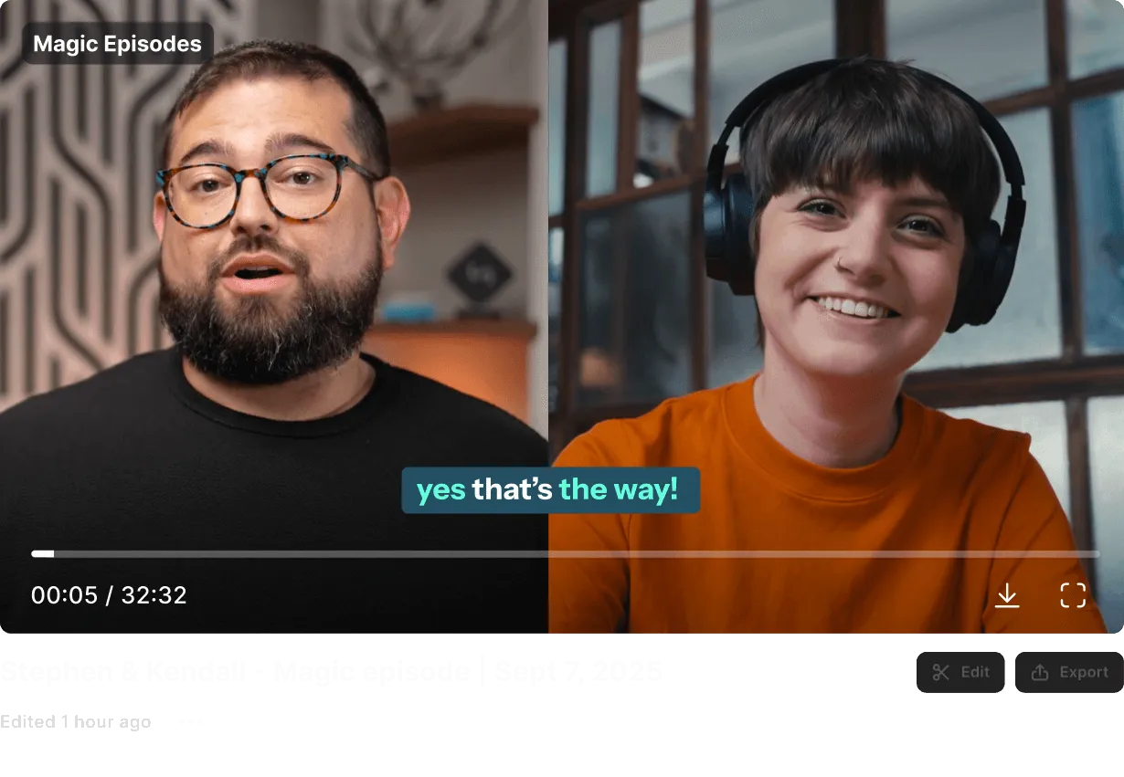 Video call screenshot showing a bearded man with glasses and a smiling woman wearing headphones, with text saying 'yes that’s the way!'