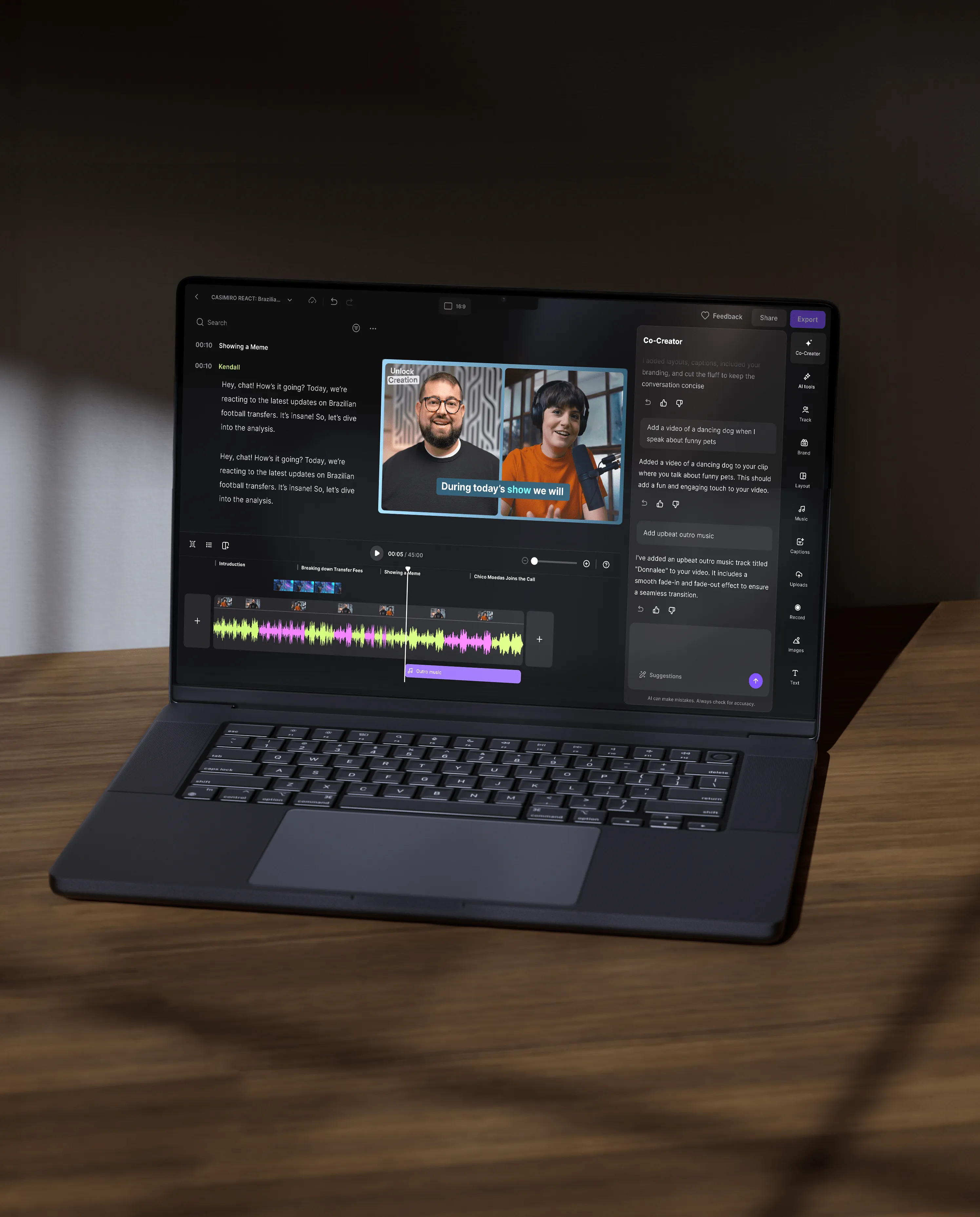 Laptop displaying a video editing software with multiple video and audio tracks, showing two people in a video clip and a sidebar with editing options.
