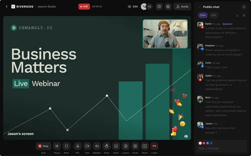 Live webinar titled 'Business Matters' on Demandly.io with a presenter speaking via video and a public chat showing audience questions and comments.