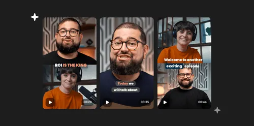 Three video thumbnails showing two people, a bearded man with glasses and a woman wearing headphones in an orange shirt, with overlaid text about ROI and exciting episodes.
