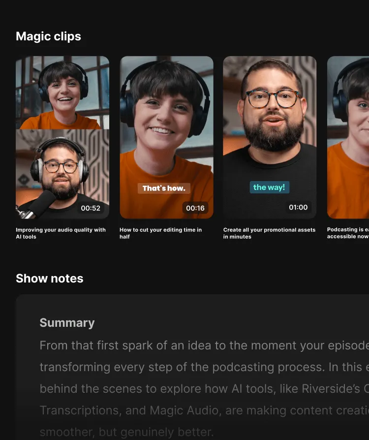 Four video thumbnails titled Magic clips featuring a woman and a man with headphones, with captions about improving audio, editing time, promotional assets, and podcasting accessibility.