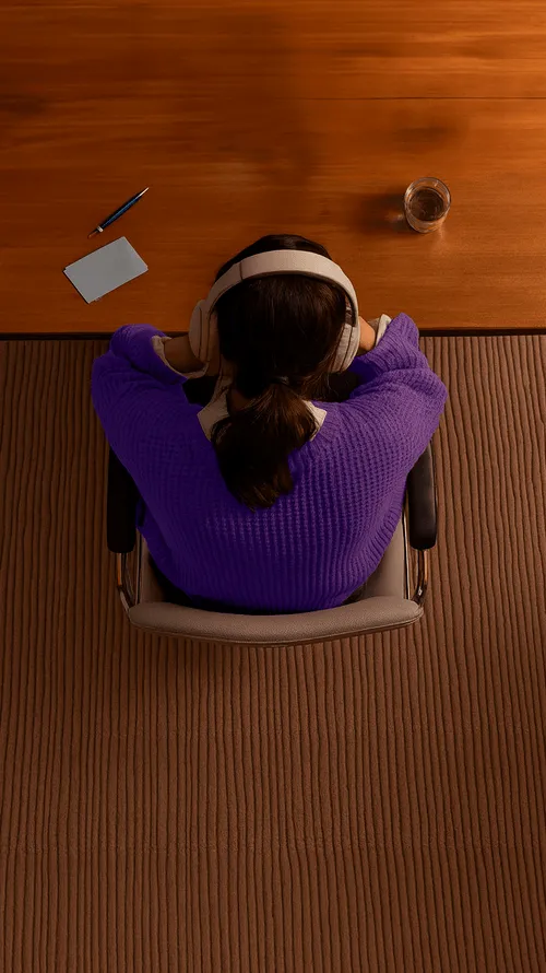 Person in a purple sweater wearing headphones, sitting on a chair at a wooden table with a pen, notebook, and glass of water.