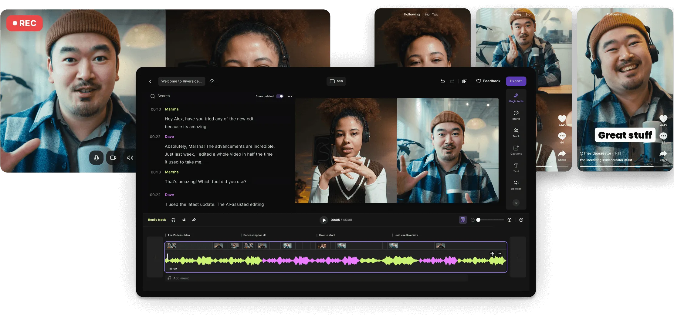 Video editing interface showing a man and woman in video chat, text transcript, and audio waveform timeline with editing tools.