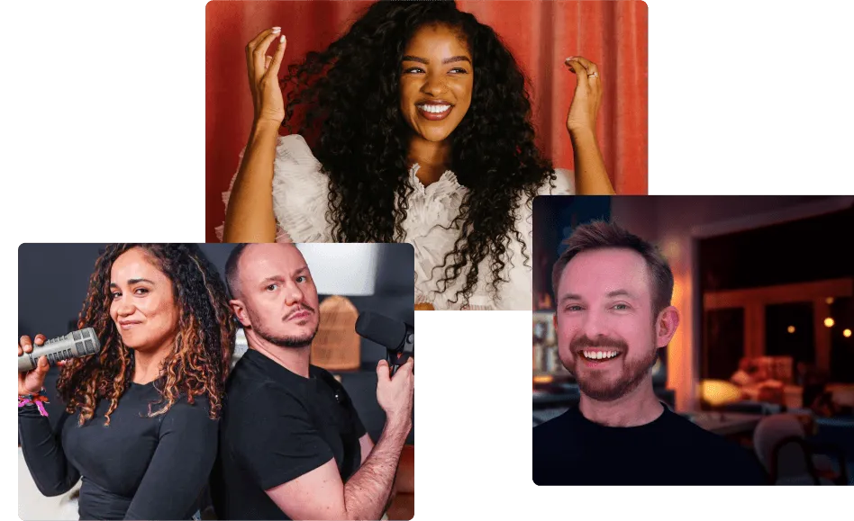 Collage of three portraits: a smiling woman with long curly hair in a white blouse, a duo with a woman holding a microphone and a man holding a camera, and a man with a beard smiling in a warmly lit room.